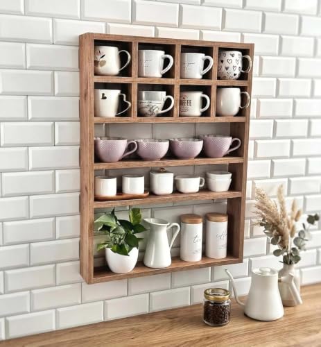 Image of Hamdan Collection Wall Mounted Mug Shelf - Coffee Cup Storage - Kitchen Wall Rack - Floating Cup Organizer - Rustic Coffee Bar Shelf (11 Com)