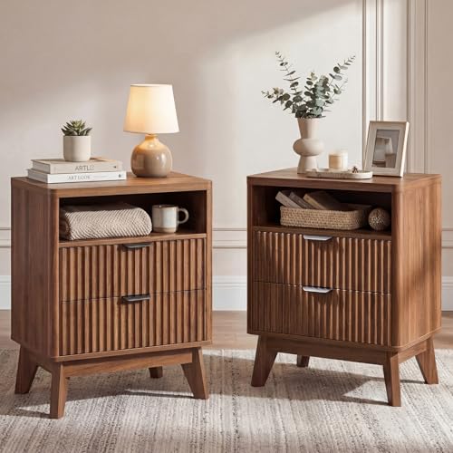 LYNCOHOME Bedside Tables Set of 2 Wood Bedside Drawers with Shelf Bed Side Table for Bedroom Living Room 2 Pack