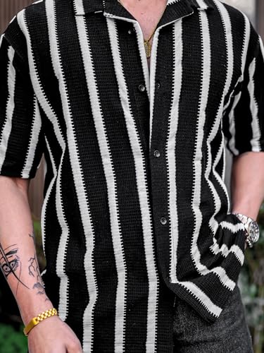 Image of Maniac || Mens || Striped || Collared Neck || Half Sleeve || Popcorn Knitted || Shirt