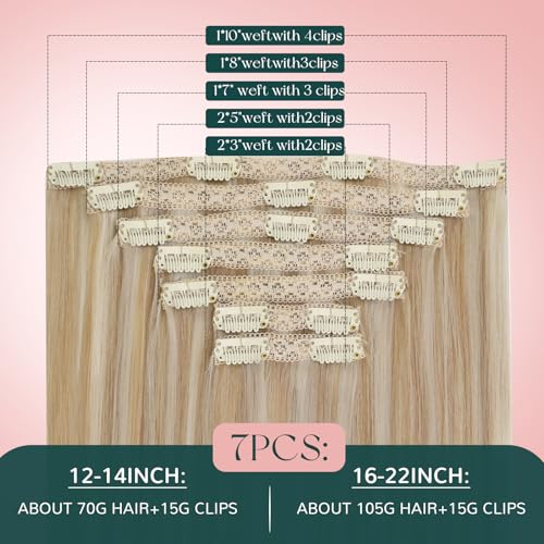 Image of Easyouth Clip in Hair Extensions Real Human Hair Highlights Remy Human Hair Clip in Extensions Honey Blonde Highlight Bleach Blonde Softness Clips on Hair Extension Human Hair 14 Inch 7Pcs 80G