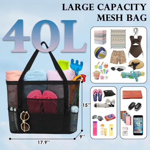 image for Fammart Mesh Beach Bag, Large Beach Tote with Zipper Pocket, Toys Pool
