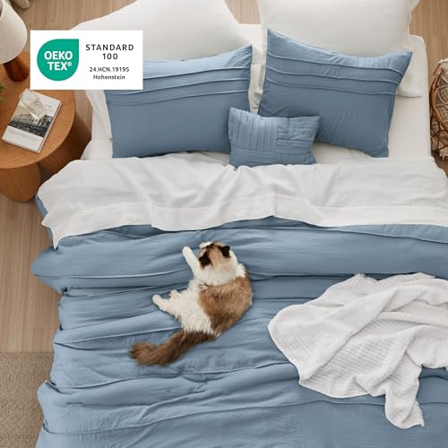 Image of Bedsure King Comforter Set - 4 Pieces Pinch Pleat Bed Set, Light Blue Boho Bedding for All Season, 1 Soft Comforter, 2 Pillowcases, 1 Decorative Pillow