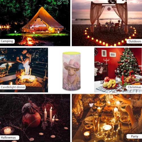 Image of Poceacles Flickering Flameless LED Battery Candles Pillar Candles Tealight with 18-Key Timer Remote with Colorful Light for Indoor Outdoor Home Decor, Cowboy Highland Cow Floral Print Pink