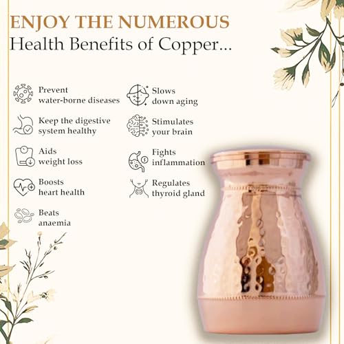 Image of Pure Copper Vedic Bottle /Vedic Jar with Lid (500 ml) | Handmade Hammered Copper Water Storage Pot | Ayurvedic Health Drinkware | Lacquer Coated |