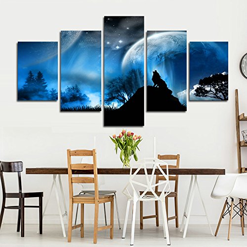 Crmart 5 Panel Wall Art Painting Wolf Howled Under The Moon The Picture Print On Canvas Landscape Pictures For Home Decor Decoration Gift(60" W X 32" H, Framed) #TOP3