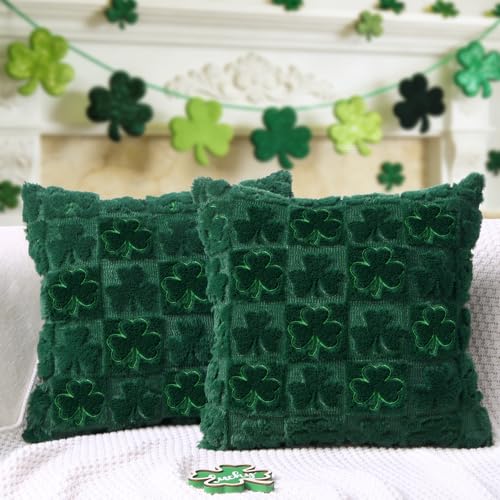 Heirloom Haven St Patricks Day Pillow Covers Set of 2 Green Shamrock Irish Soft Plush Faux Fur Jacquard Embroider Decorative St. Patricks Day Holiday Farmhouse Cushion Case for Sofa 18 x 18 Inch