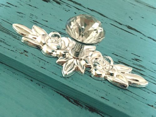 Cabinet Pull Antique, Cabinet Pulls Knob Glass Crystal Drawer Knob Dresser Pulls Cabinet Knob Flower Back Plate Silver, Material Zinc Alloy/Glass #TOP23