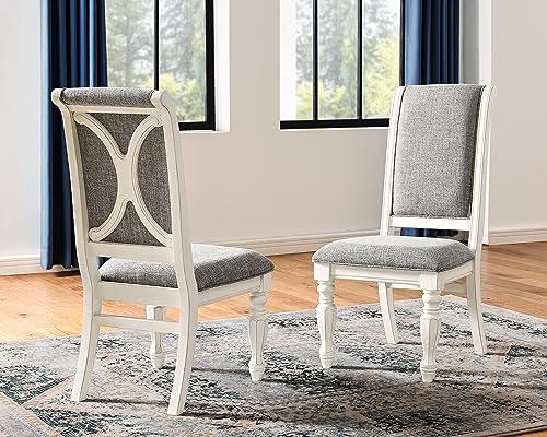 Roundhill Furniture Belleza Antique White Solid Wood Upholstered Dining Chairs, Set of 2