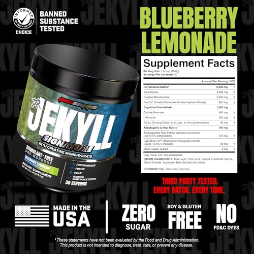Image of ProSupps Dr. Jekyll Signature Pre Workout Powder with Creatine - Stim-Free Preworkout Supports Focus & Endurance - Caffeine-Free Gym & Fitness Supplements (Blueberry Lemonade, 30 Servings)