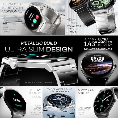 Image of Pebble Royale Steel Luxury Metal Smartwatch | Ultra-Slim Stainless Steel Body, 1.43 inch Ultra AMOLED Display, Always-On Display, Bluetooth Calling, DIY Watch Faces - Silver