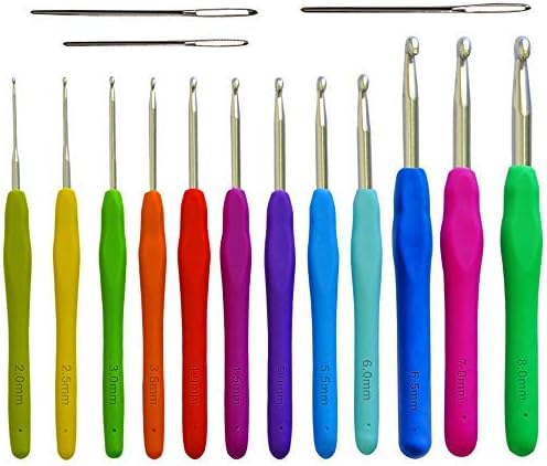 CROCHET HOOKS SET 12 ERGONOMIC SIZES & YARN NEEDLES - Soft Grip & Comfortable Perfect for Arthritic Hands or Any Hand Pain - Sturdy, Smooth & Extra Long Hook Great for any Type of Yarns - 2 mm ~ 8 mm