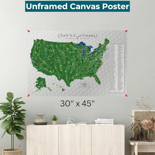 Image of Personalized Canvas Rolled Poster Top 200 Golf Courses USA Canvas - Large 30 inch x 45 inch Personalized Golf Course Tracker with Pins, Framed Golf Wall Decor