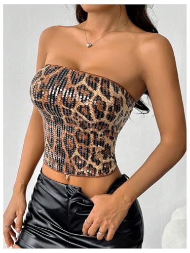 SOLY HUX Women's Leopard Print Sequin Tube Top Strapless Sleeveless Y2k Bandeau Crop Tops3