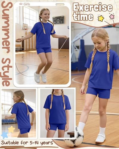 Image of Oakgarden Summer Outfits for Girls 5-14Y Athletic Casual Sets Kid Short Sleeve Shirt Bike Shorts 2 Piece Tween Trendy Clothes