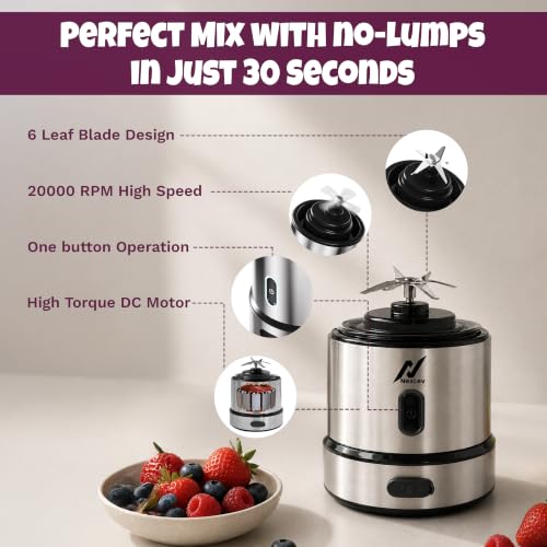 Image of NexLev Portable Blender | 6 Leaf Stainless Steel Blade Portable Blender for Smoothie and Juices Milkshakes & Ice Crushing | 3000 mAh Type C Rechargeable Battery | 450ml | PB-01 | Kitchen & Travel Use