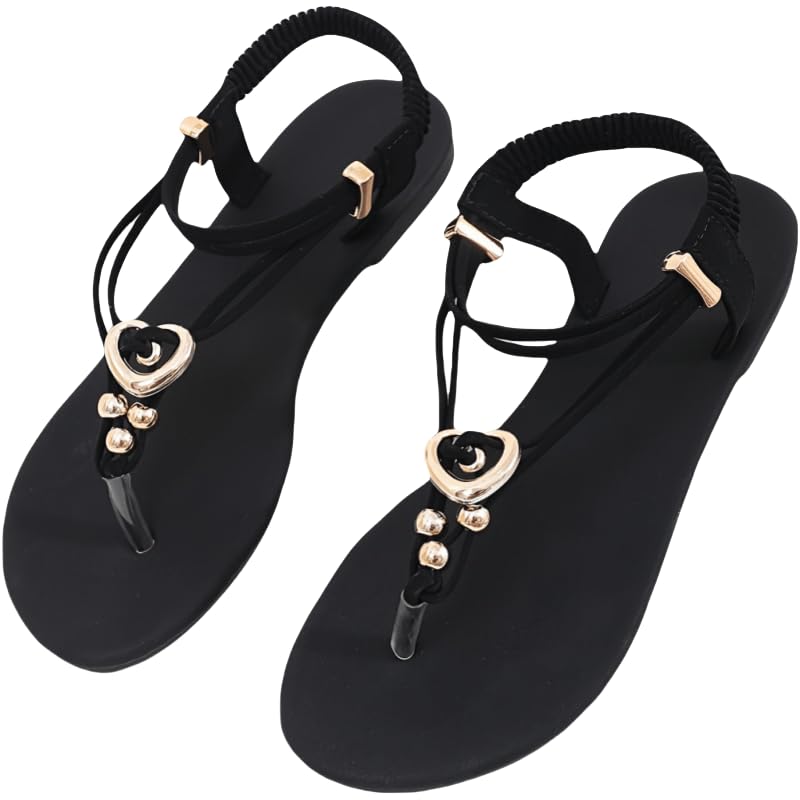 Womens Summer Heart-Themed Sandals - Elastic Ankle Straps for Secure Fit, Ultra-Comfortable with Stylish Heart Accent, Flat Sole for Beach Adventures