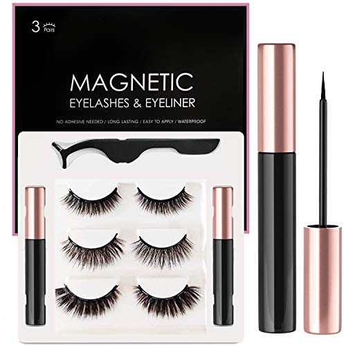 2 Sets Magnétique Eyeliner Kit De Cils Magnétiques,3 Paires Faux Cils Magnétique 3D Réutilisable 5 Aimants Faux Cils,Imperméable Magnetic Eyeliner MagnéTique Cils Kit avec Pincette Effet Naturel