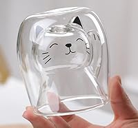 Vista 3 de ANSQU Linda taza de té de gato, tazas de café de doble pared de vidrio, vaso de chupito de espresso, taza de leche (6.8 fl oz/6.8 oz), regalos