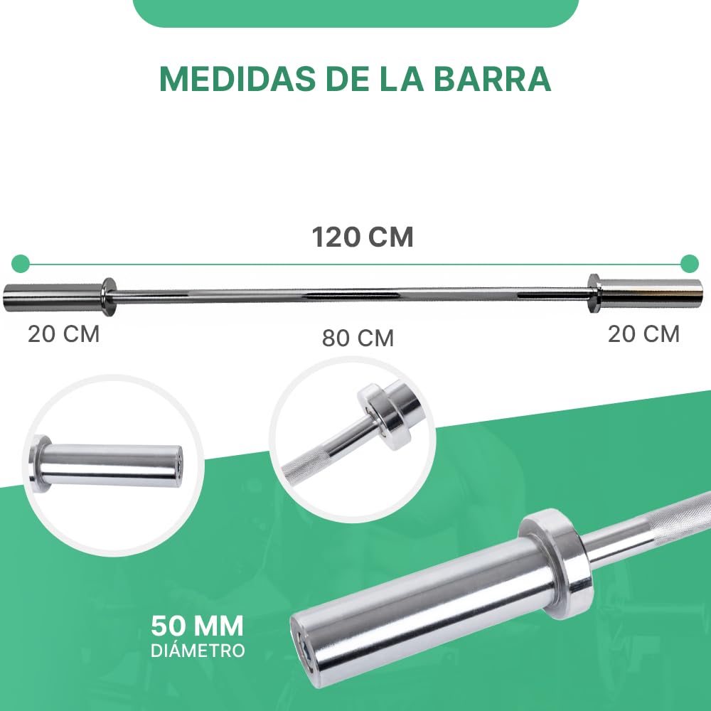 ManiBoom Barra Pesas RECTA 120 cm de 8,5kg para Discos y Pesas de Ø50mm - Barra de MUSCULACION para Biceps y Triceps Halterofilia Crossfit - Barra Gimnasio con Cierres de Resorte (120 cm - Recta)