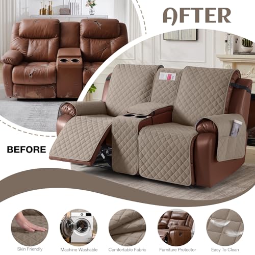 Image of KinCam 100% Waterproof Loveseat Recliner Cover with Console, Taupe