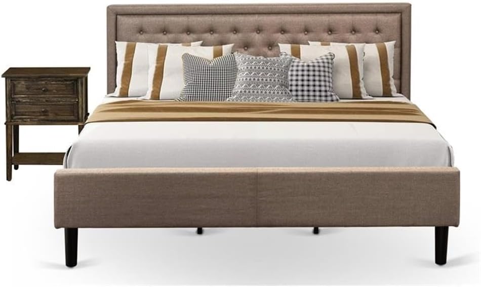 East West Furniture KD16K-1VL07 2 Piece Size Bedroom Set-1 King Bed Brown Linen Fabric Padded and Button Tufted Headboard with 1 Mid Century Distressed Jacobean Finish Nightstand