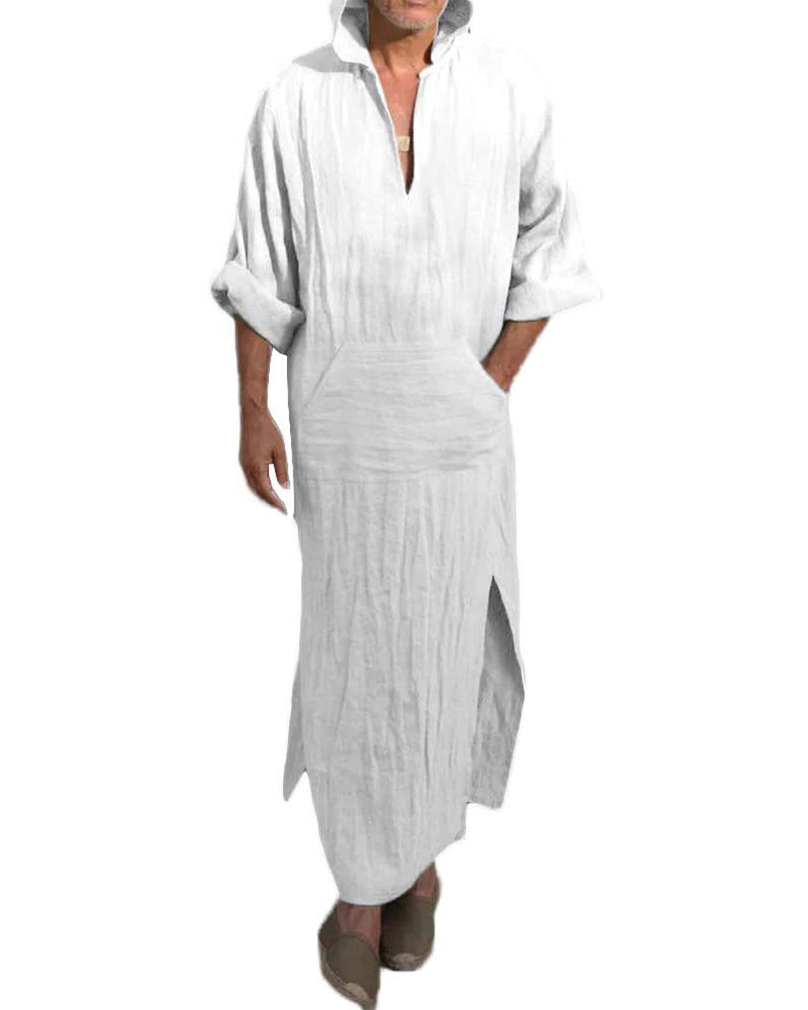 Men's Cotton Linen Arabic Robe V-Neck Long Sleeve Abaya Robe Side Split Casual Kaftan Thobe with Pockets