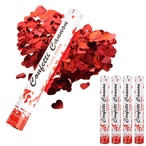 Konfettikanone Hochzeit, RosyFate 4 x Konfettikanonen Herzen Rot, Konfetti Shooter 40cm, 6-10m Effekthöhe, Party Popper für Hochzeit & Verlobung