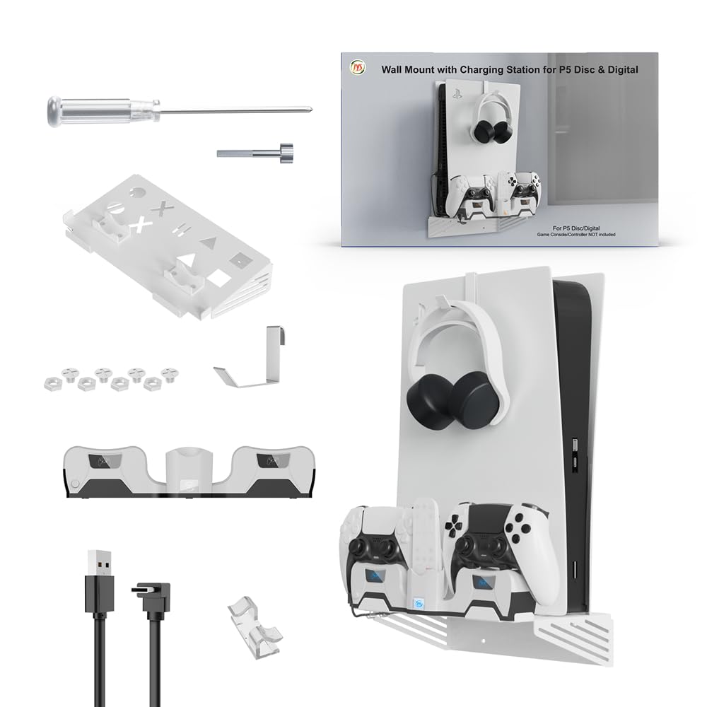 Soporte de pared consola de élite para PS5/PS5, soporte de pared de carga para mando doble con cable de carga magnético 2 en 1 y colgador de auriculares