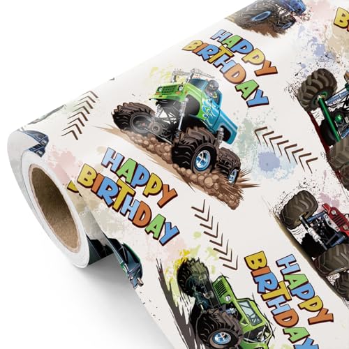 WRAPAHOLIC Monster Truck Birthday Wrapping Paper Roll - Mini Roll - 17 Inch x 9.8 Feet - Happy Birthday Monster Truck Wrapping Paper Perfect for Kids Boys Baby Shower