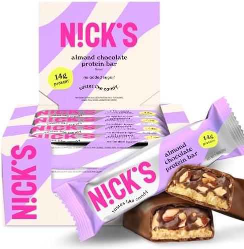 N!CK'S Nick's Protein Bars Almond Chocolate,14g Protein,220 Calories,Low Carb Keto Friendly Snacks No Added Sugar (Multipack 12 bars x 50g)