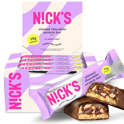 Nick’s Protein Bars Almond Chocolate – 12-Count Box | Protein-Packed Snack, Low Calories, Low Carbs, Keto Friendly, No Added Sugar (12 bars x 50g)
