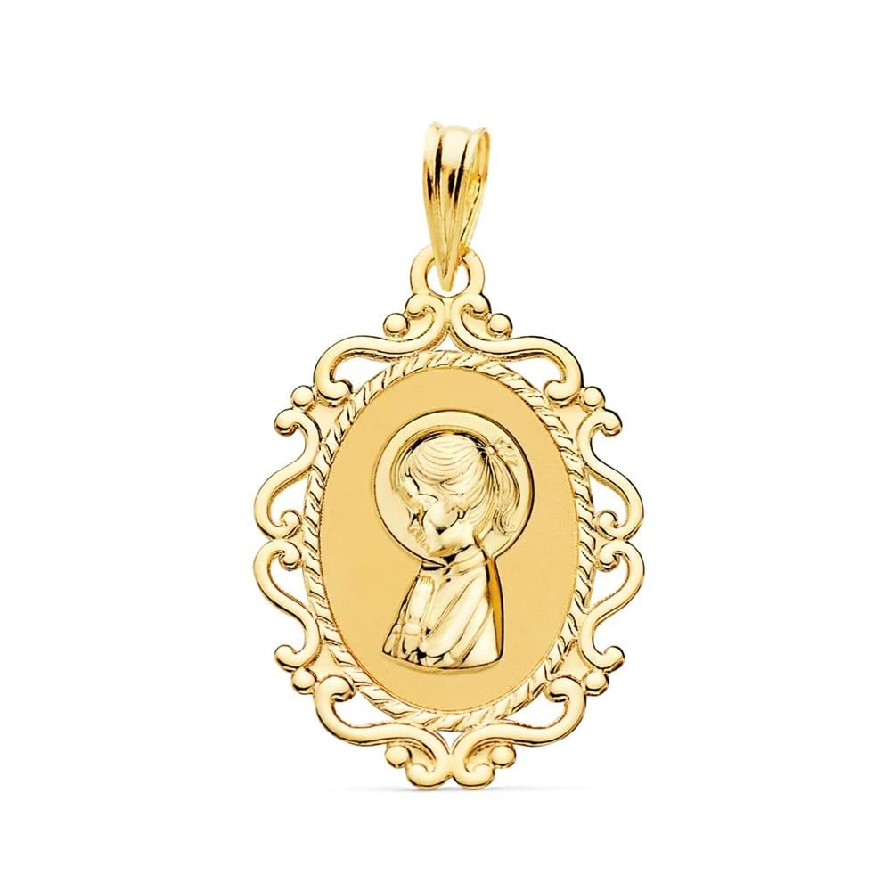Virgen Niña medalla oro 18k Primera Comunión colgante 23mm. ovalado borde formas combinadas