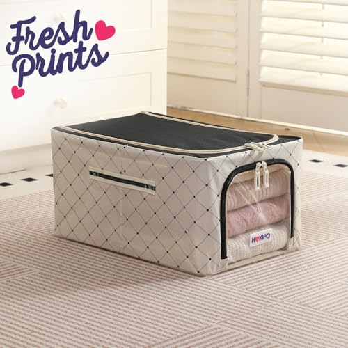 Image of HOKIPO Folding Storage Box and Organiser for Clothes, 600D Oxford Fabric Storage Box, Ivory Noir - Medium Pack of 1 (AR-6488-BLK)