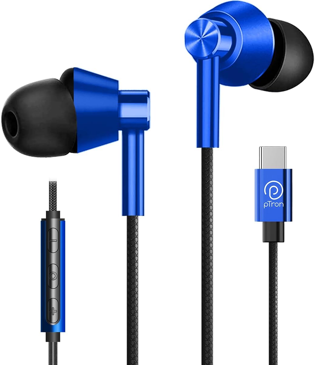 pTron Boom Play X1 In Ear Type C Wired Headphones With Mic, 13Mm Driver For Immersive Audio, 1.2M Fish Scale Style Tangle-Free Cable, In-Line Controls, Metal Buds, Snug-Fit & Wide Compatibility (Blue)