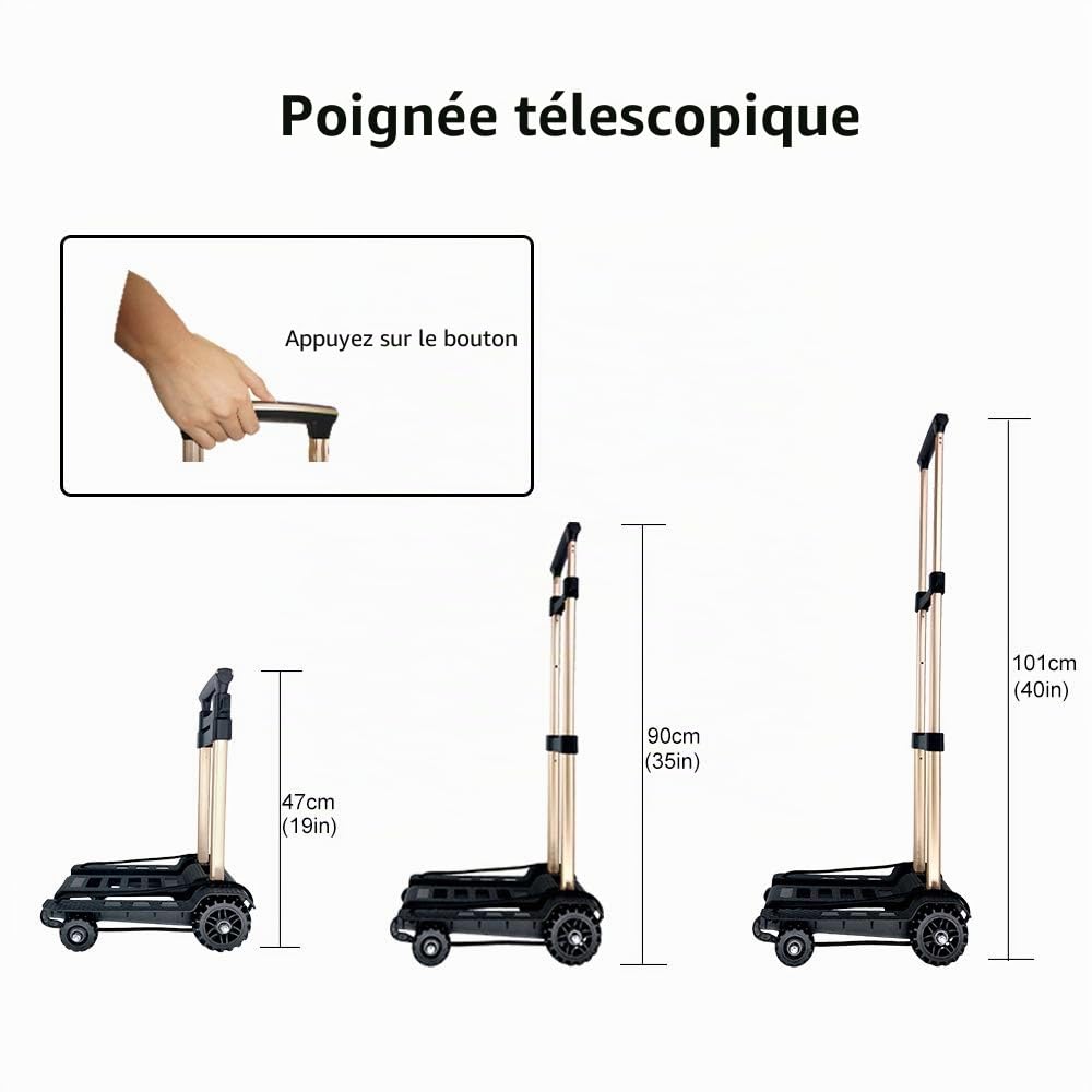 Chariot à Main Pliable, avec Roues de réservoir en PU résistantes à l'usure et silencieuse et Timon d'attelage réglable en Alliage d'aluminium, capacité 60KG / 132LBS et léger (3,9LBS)
