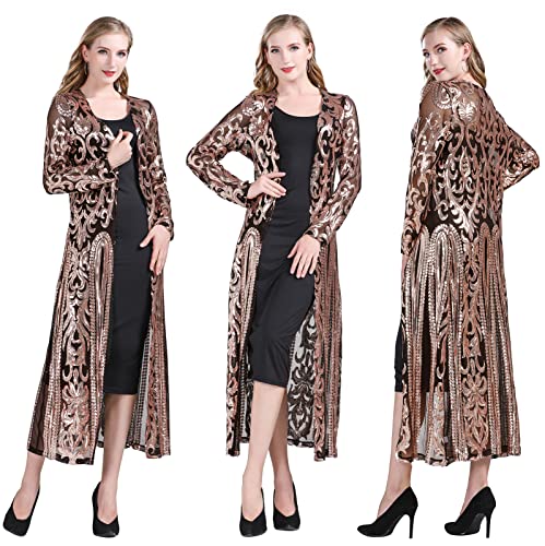 Women's Sparkling Sequin 1920s Cover Up Loose Open Front Long Sleeve Cardigan Coat Dress for Evening Party