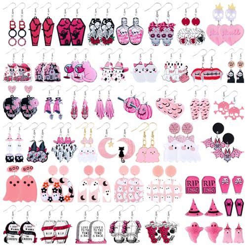 Nosiny 48 Pairs Pink Halloween Earrings Set for Women Ghost Skeleton Bat Drop Dangle Earrings Lightweight Acrylic and Alloy for Halloween Party Jewelry Gifts