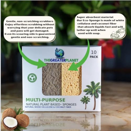 Image of THE GREATER PLANET- Natural Kitchen Sponges, Eco Friendly Cleaning sponges-Multipurpose Wood Cellulose Scrub sponges-10 Pack Biodegradable Organic Kitchen Dish Sponge Cleaning Earth Friendly Sponge.