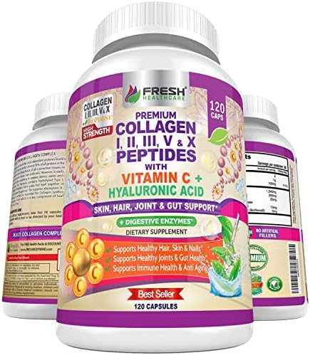 Multi Collagen Pills with Type I, II, III, V & X Peptides with Vitamin C, Hyaluronic Acid and Digestive Enzymes for Enhanced Absorption - Supports Healthy Hair, Skin, Nails and Joints - 120 Capsules