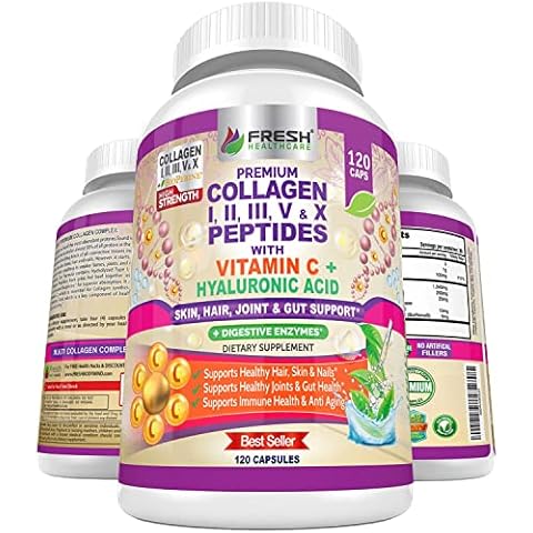 FRESH HEALTHCARE Multi Collagen Pills with Type I, II, III, V & X Peptides with Vitamin C, Hyaluronic Acid - Supports Healthy Hair, Skin, Nails and Joints - 120 Kosher Capsules Cover