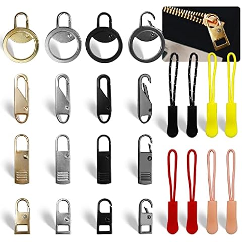 DailyTreasures Zipper Pull Replacement Repair Kit,24 pcs Metal Zipper Extender Heads with Zipper Extension Pulls,Zipper Pulls Fixer Kit for Suitcases Coat Boots Jacket Backpacks Cover