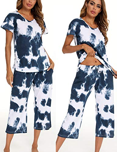 ENJOYNIGHT Women's Tie Dye Pajamas Sets Lounge Short Sleeve Top with Capri Pants Sleepwear 2 Piece Set2