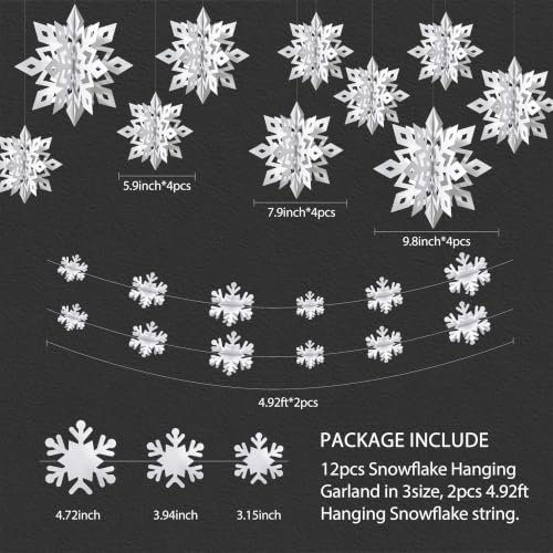 Image of OuMuaMua Winter Christmas Hanging Snowflake Ornaments, 12PCS Snowflakes Garland & 12PCS 3D Glittery Large White Snowflake for Xmas Winter Wonderland New Year Party Home Holiday Decorations