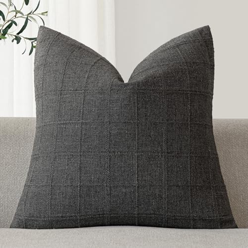 Image of Foindtower Set of 1 Decorative Linen Check Throw Pillow Cover Neutral Farmhouse Vintage Cushion Cover Modern Boho Home Decor for Sofa Chair Couch Bedroom Living Room,26x26 Inch,Charcoal