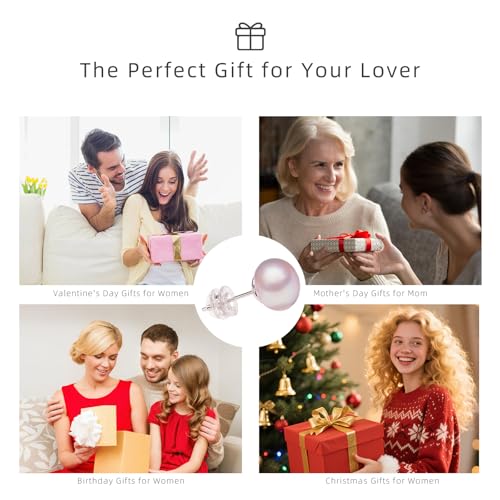 Purple Pink Pearl Stud Earrings for Women & Men | 6-8mm Natural Freshwater Cultured Pearls | Hypoallergenic 925 Sterling Silver Elegant Birthday & Anniversary Jewelry Gifts for Women/Wife 5