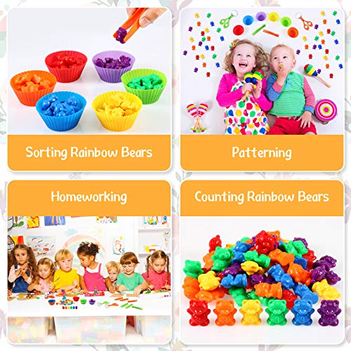 74 Pieces Counting Sorting Bears Sensory Bin Tools Fine Motor Skills Handy Scoopers Set Includes 60 Cute Rainbow Sorting Bears, 6 Jumbo Tweezers, 2 Scissors Clips and 6 Colorful Cups - Image 4