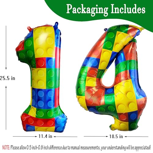 Image of 32 Inch Building Block Number 14 Balloons birthday Block Themed Large Big Helium Foil Mylar Balloon for Girls Boys Birthday Party Decoration Supplies