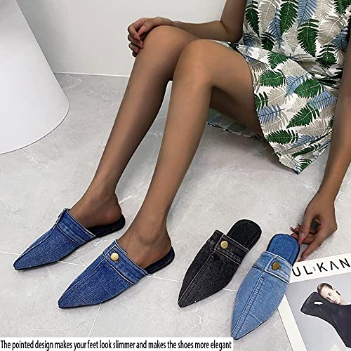 Women's Flat Mules Closed Pointed Toe Backless Slip-On Loafers Ladies Denim Baotou Clogs Half Slides Solid Color Sandal (Dark Blue,7,Female,Women) #TOP6