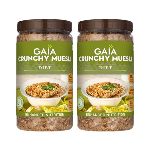 Image of Gaia Diet Muesli - Healhty Diet Food - Power of Multigrain Oats,Wheat Flakes,High Fiber - Super Tasty and Delicious - Sugar Free Breakfast Cereal 1KG Jar(Pack of 2)