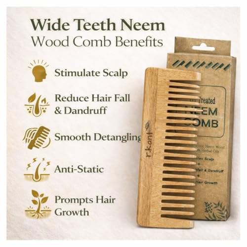 Image of R.Kant Neem Wooden Hair Comb | Wide Teeth Detangler | Natural Hair Care | Shampoo Comb | Gentle on Scalp | 1 Piece